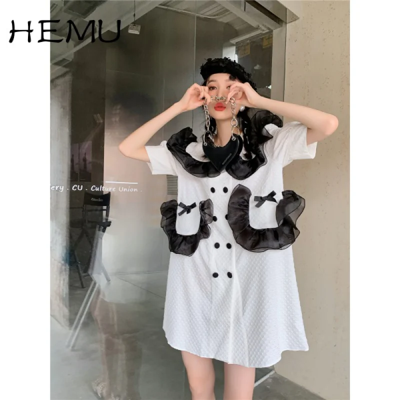 

Нишевое молодежное платье Hemu в западном стиле, Женская юбка в Корейском стиле, Новинка лета 2021, двубортное свободное мини-платье