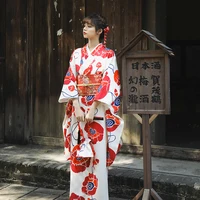 Women's Traditional Japanese Red Flower Prints Long Sleeve Kimono 2022 Elegant Yukata Geisha Cosplay Dress Stage Performing Wear