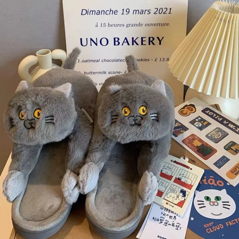 

Cuddly Hug Cat Slippers Women Men Winter Home Slides Kawaii Floor Shoes Furry Slippers Girl White Mules Funny Cute Gift Slippers