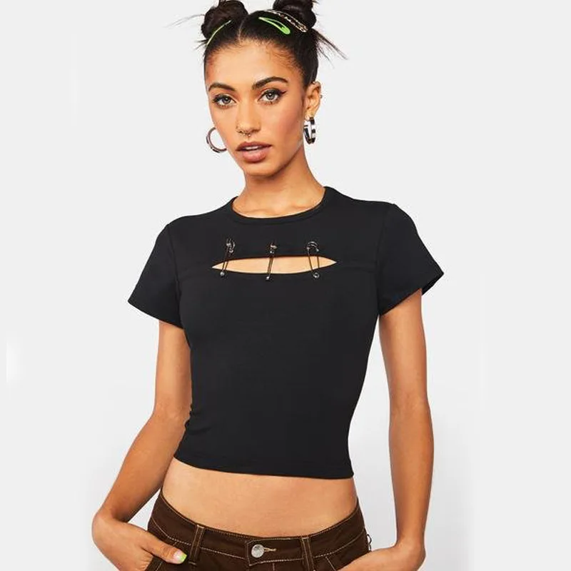 

2022 Summer Women's New Solid Color Pit Round Neck Hollow Pin Splicing Short Sleeve Top T-shirt