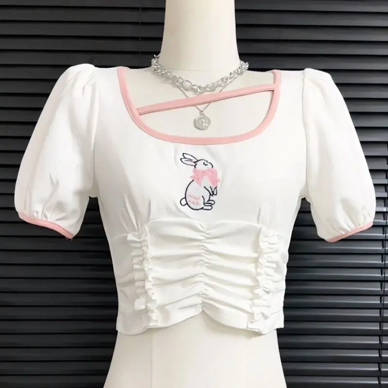 

Japanese Women Cute Lolita Cotton T-Shirts Kawaii Bunny Embroidery Ruffles Short Sleeve Crop Tops Girls Rabbit Tee Tshirt Summer