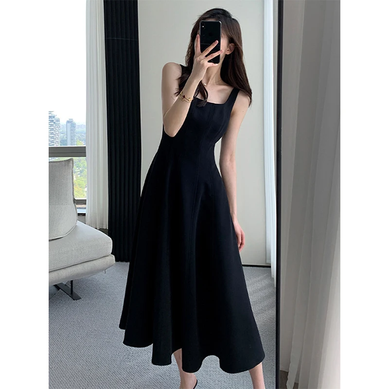 

French Style Black Spaghetti Strap Female Dresses Summer Slim Waist Elegant Evening Women's Dresses Birthday Party Dress