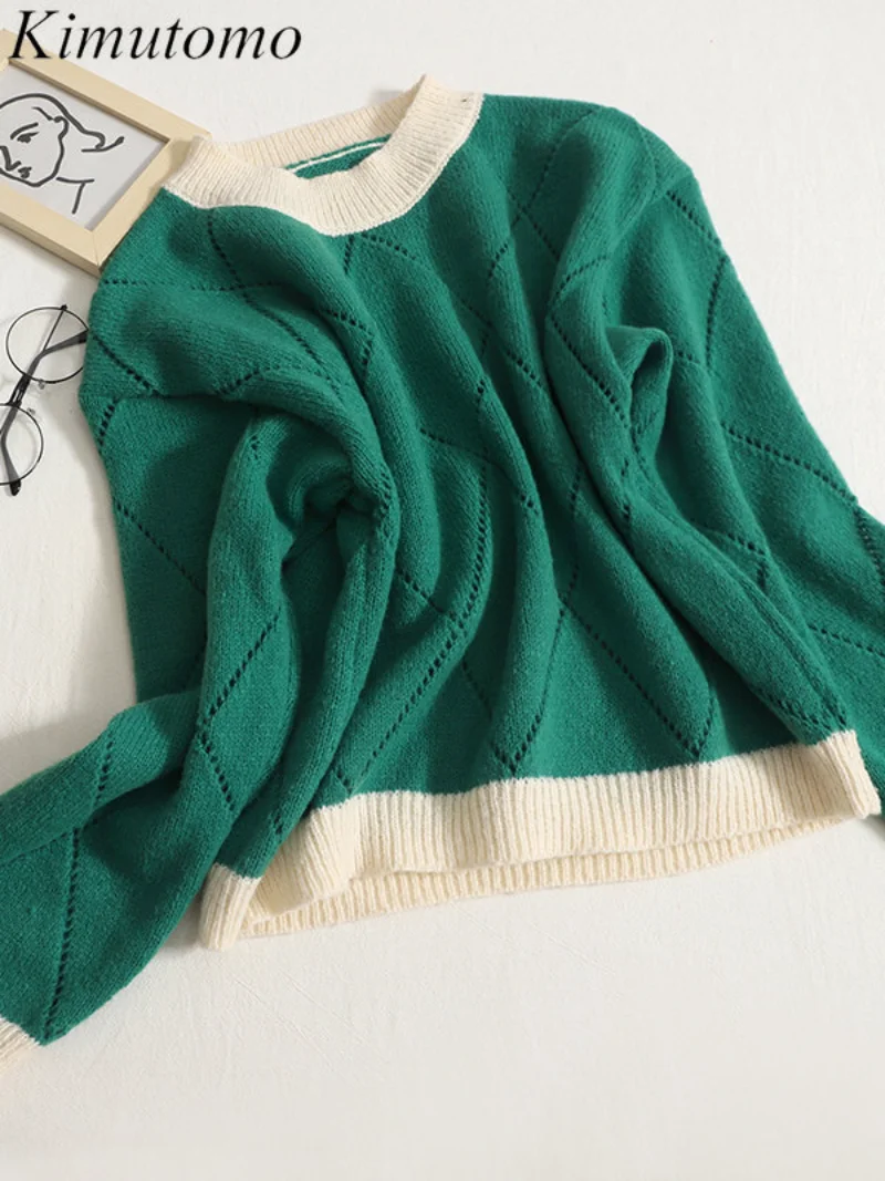 

Kimutomo мягкий свободный ажурный клетчатый контрастный свитер, Женский винтажный Универсальный вязаный пуловер с круглым вырезом и длинными ...