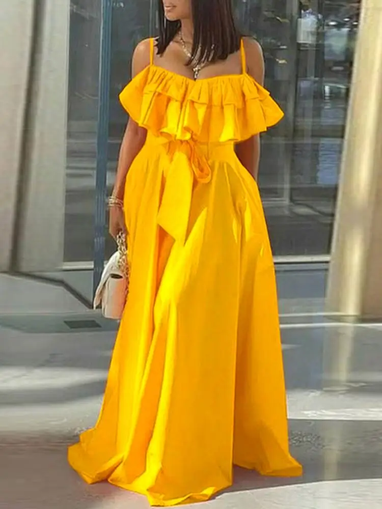 

VONDA 2022 Spring Holiday Beach Kleid Robe Women Spaghetti Strap Sundress Stylish Solid Ruffle Off Shoulder A-Line Pleated Dress