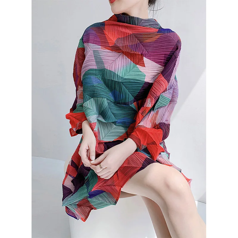 

Женское плиссированное платье миаке, плиссированное градиентное платье ранней осени со стразами, случайное Плиссированное облегающее пла...