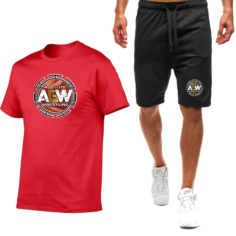 Фото Новинка 2026: Мужской летний комплект AEW All Elite с принтом, футболка с коротким рукавом в стиле Harajuku (9 цветов) и повседневные шорты, 2 предмета №2