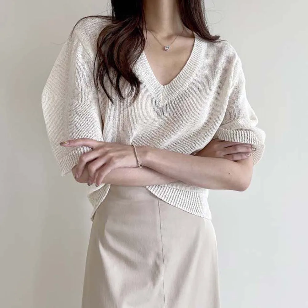 

Elegant Sweater 2022 Summer Korean Chic Thin Ice Silk Lantern Short-sleeved V-neck Linen Loose And Thin Knitted T-shirt