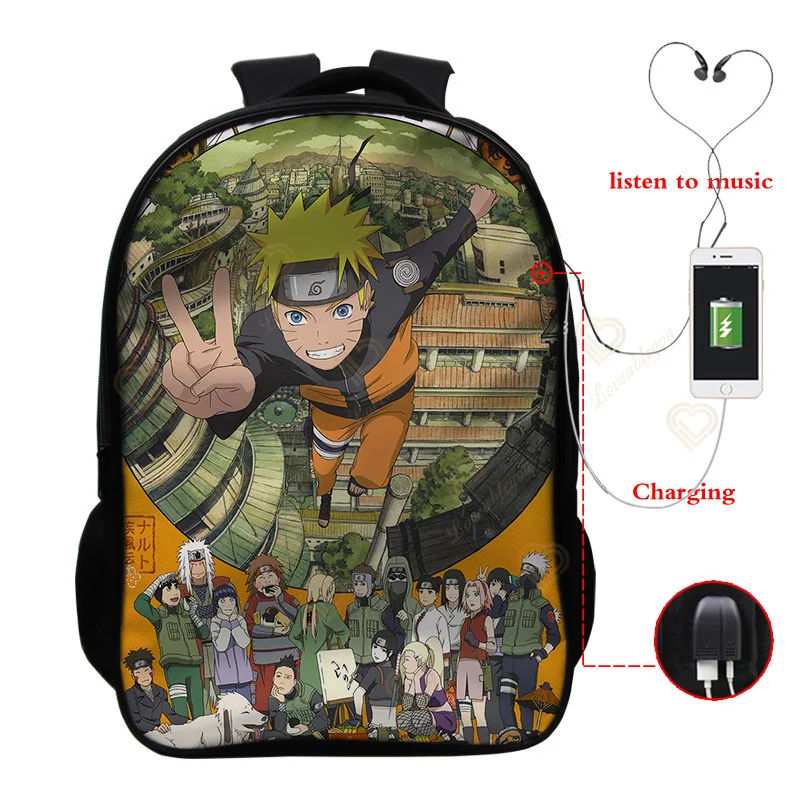 

Uzumaki Naruto Print School Backpacks for Teenagers Men Women Schoolbag USB Cale Earphone Bookbag Teens Rucksack Travel Bag