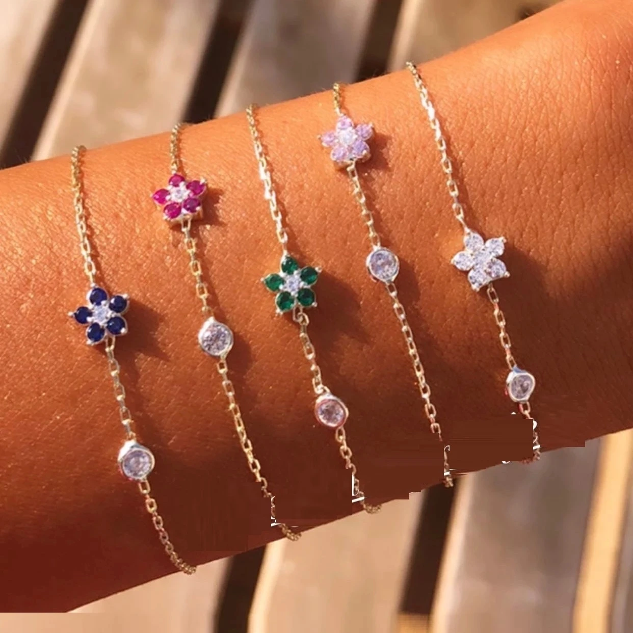 2023 High Quality Unique Minimal Delicate Cute Lovely Flower Charm Cz Station Link Chain Fashion Bracelet Jewelry For Women Girl