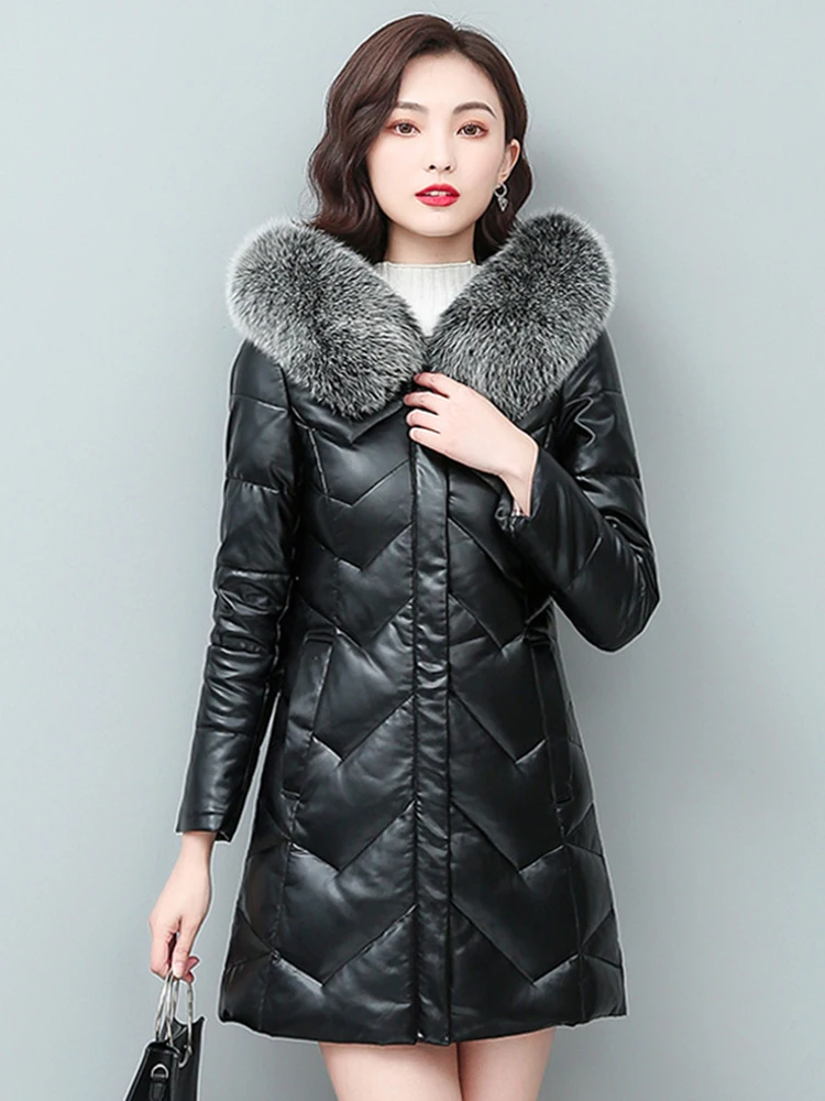 New Women Leather Down Coat Elegant Fashion Hooded Real Fox Fur Collar Medium Long Slim Sheepskin White Duck Down Outerwear