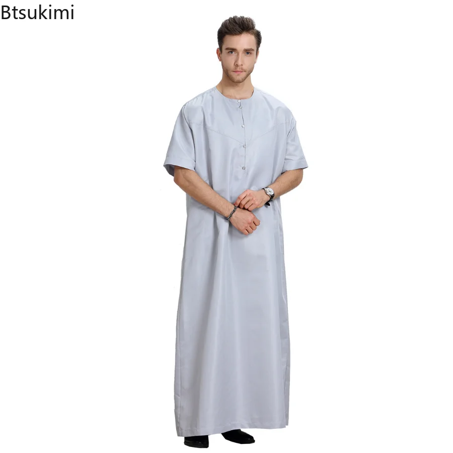 New Muslim Short Sleeve Jubba Thobe for Men Islamic Clothes Muslim Fashion Saudi  Arabic Abaya Long Robes Traditional Kaftan Men