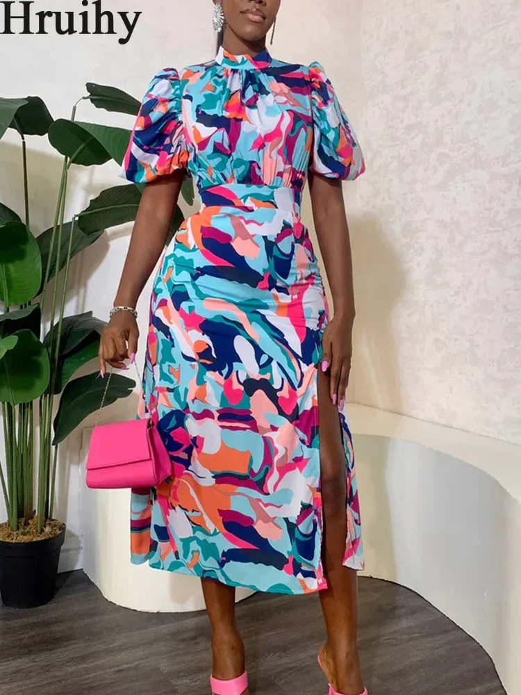 

Africa Elegant and Pretty Women's Dresses Print Short Sleeve Clothes High Waist Side Split Midi Dress 2023 Party Club Vestido