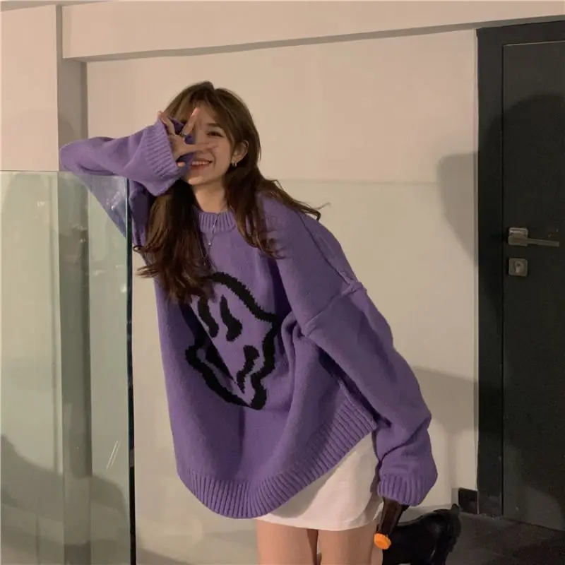 

2022autumn and winter new French purple lazy style loose knitted pattern allmatch sweater outer wear thicker top women