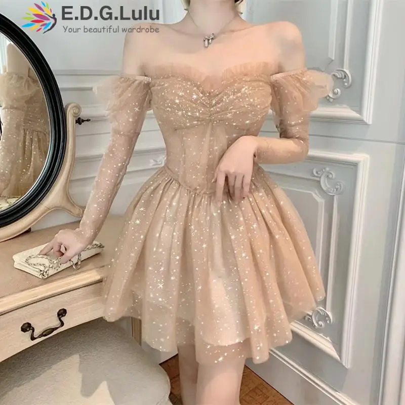 

EDGLuLu Spring Puff Sleeves Mesh Sequins Dresses For Women Party Mini Black A-line Dress Vestidos Elegantes Para Mujer 0217