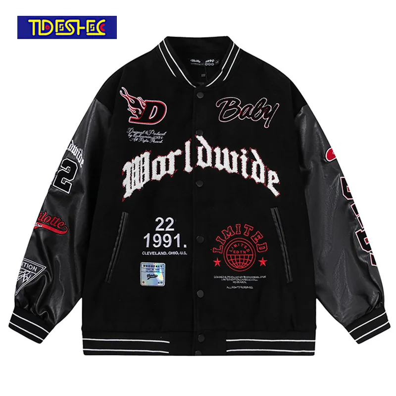 Men Streetwear Vintage Bomber Jacket Letter Embroidery Color Patchwork Baseball Jacket HipHop Harajuku  Varsity Jacket Coat