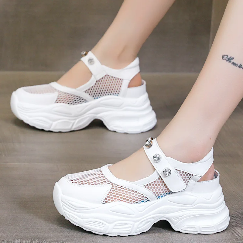 

Sandals Female Summer New Hollowed Out Rhinestones Women's Shoes Matching Thick Sole Inside Heighten Small White Shoes