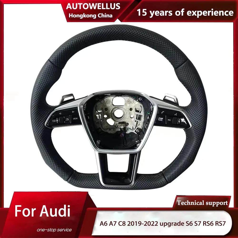 

Leather full perforated flat bottom steering wheel For Audi A6 A7 C8 2019-2022 upgrade S6 S7 RS6 RS7 steering wheel