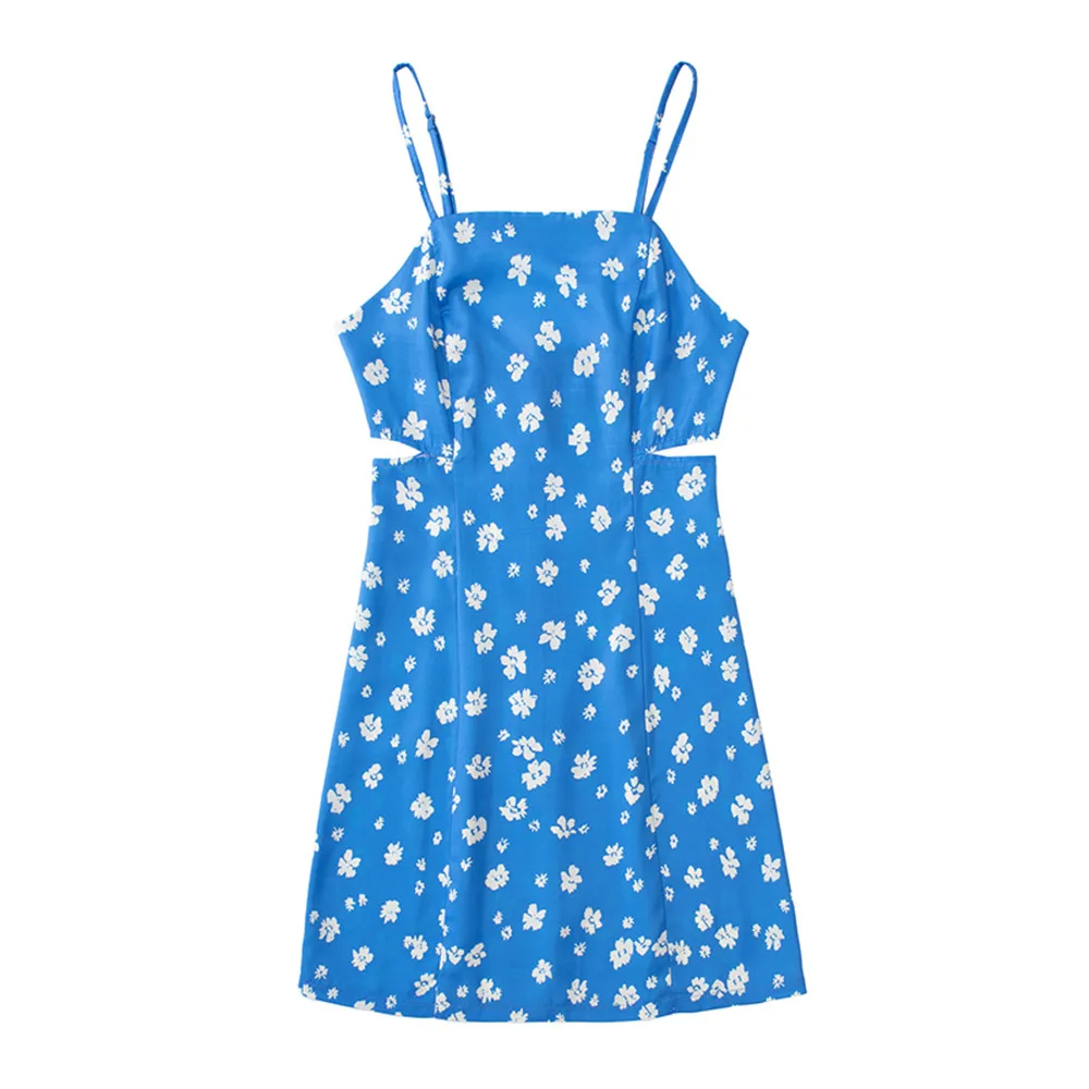 

PB&ZA spring and summer new women's sweet Ruili square neck waist hollow design print suspender dress 8372/092 8372092