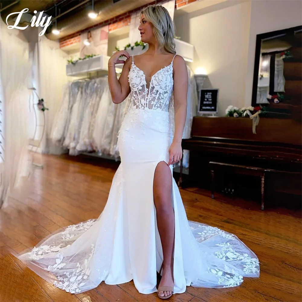 

Mermaid Sexy Charming Wedding Dress Elegant Lace Wedding Gown V Neck Bridal Dress Sexy Side Split Bridal Gown vestido novia