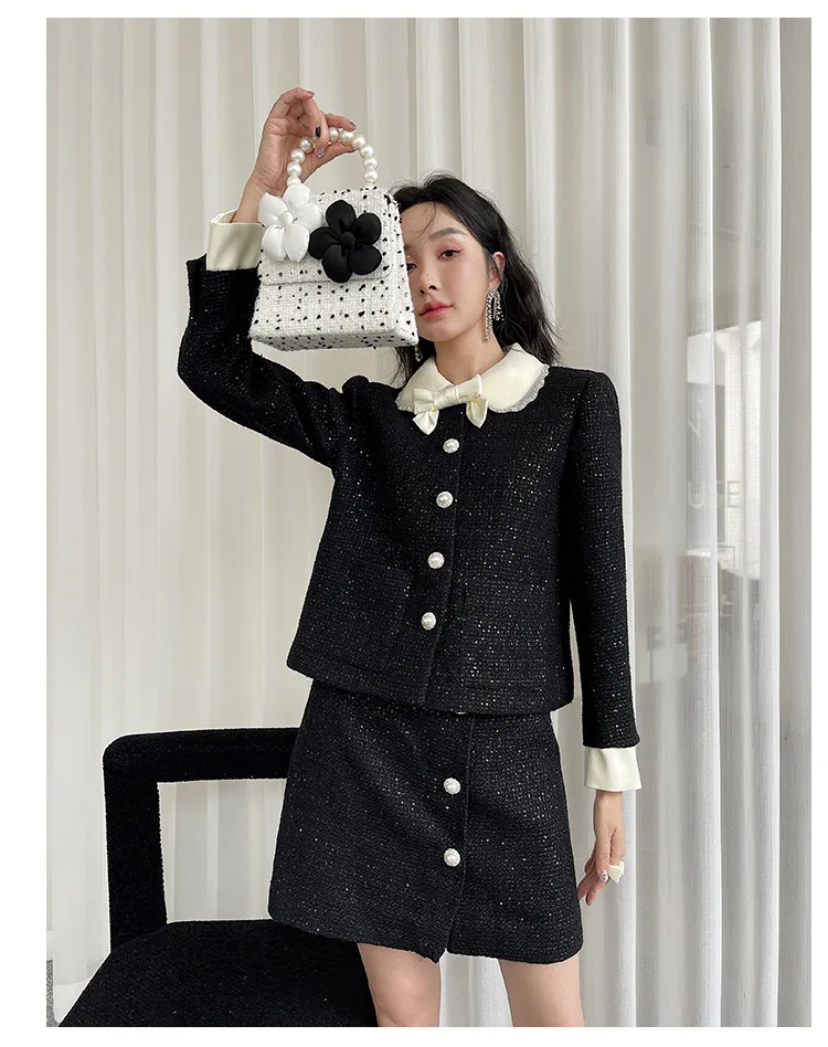 Lingzhi-wu женский твидовый комплект 2024 осенний черный пиджак юбка костюм с блестками