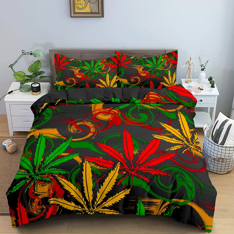 Psychedelic Weed Leaves Bedding Set Single Double Queen King Size Duvet Cover Set with Pillowcase 2/3pcs Polyester Quilt Cover