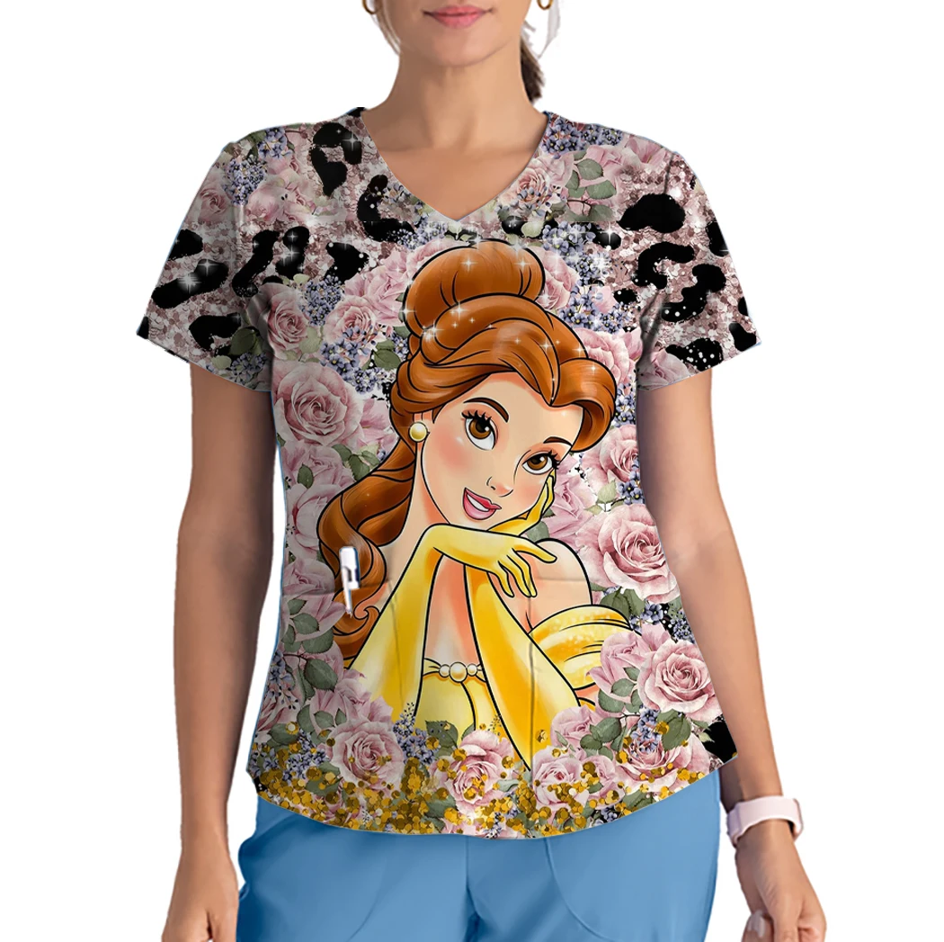 

Summer Women's Nurse Uniform Short Sleeve V Neck Overalls Women's Disney Bell Princess Print Christmas Medical Beauty Dress