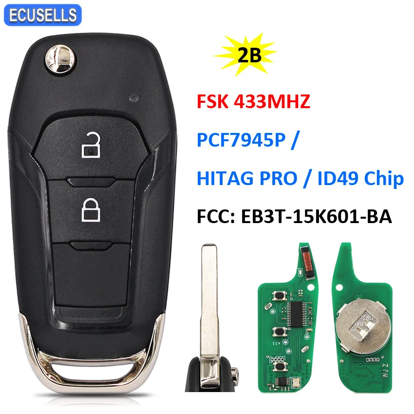 2 кнопки дистанционного ключа автомобиля FSK 433 МГц PCF7945P / HITAG PRO 49 ID49 чип FCC