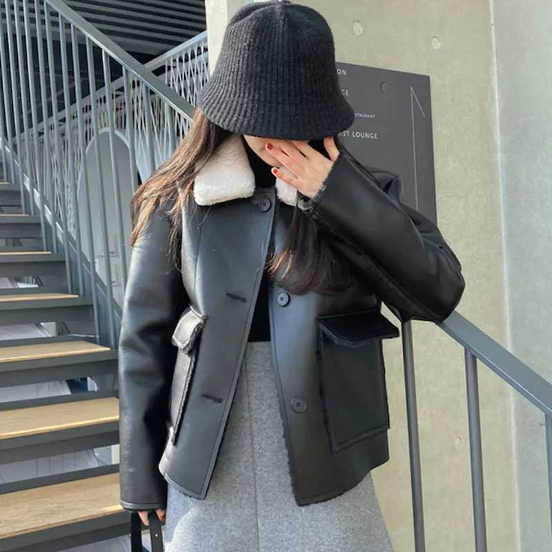 Clothland Women Thick Black PU Leather Jacket Pockets Long Sleeve Single Breasted Autumn Winter Chic Coat Tops CA467