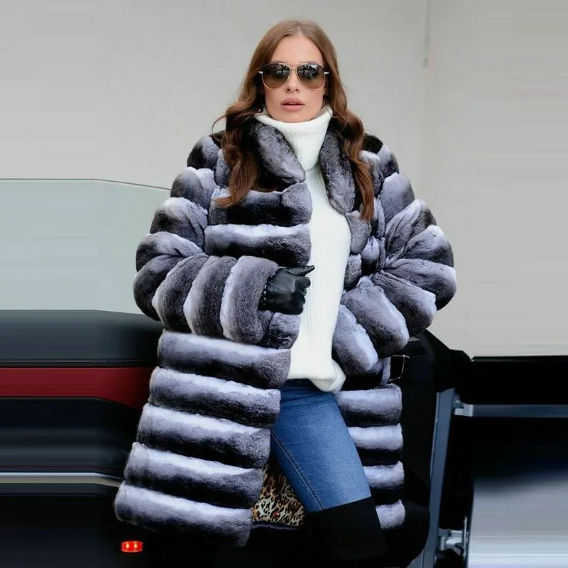 Winter Real Chinchilla Color Rex Rabbit Fur Jacket With Hood Women Whole Skin Rabbit Fur Overcoats Genuine Warm Thicked Coats