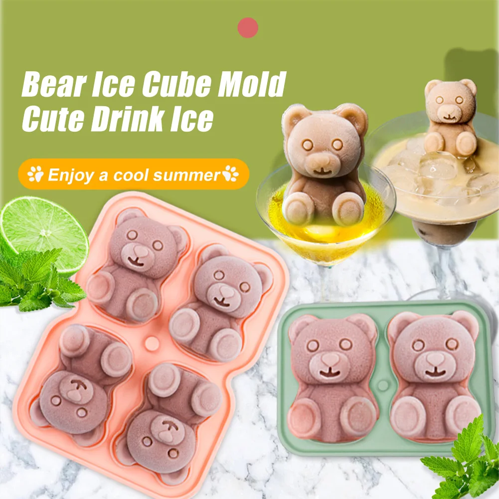 

4 Cavity 3D Bear Shape Ice Cube Mold Silicone Ice Cube Tray Whiskey Wine Drink Coffee Ice Cube Making Mold Kitchen Gadgets