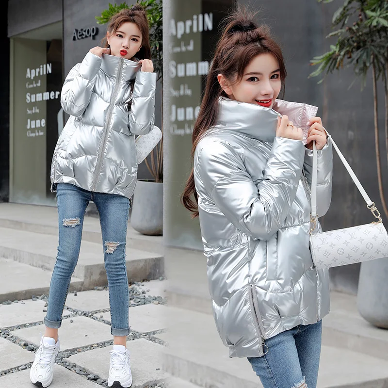 Short Women's Down Jacket 2022 Winter Glossy Silver/Black/Green/Grey Loose Cotton padded Coat Stand Collar Outwear Parkas Female