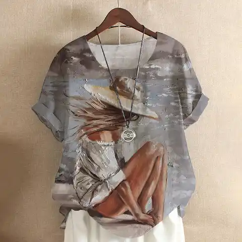 Oil Painting T Shirt For Women Summer Y2k Girls Clothing Round Neck Casual Short Sleeve Blouse Oversized Tops Daily Streetwear