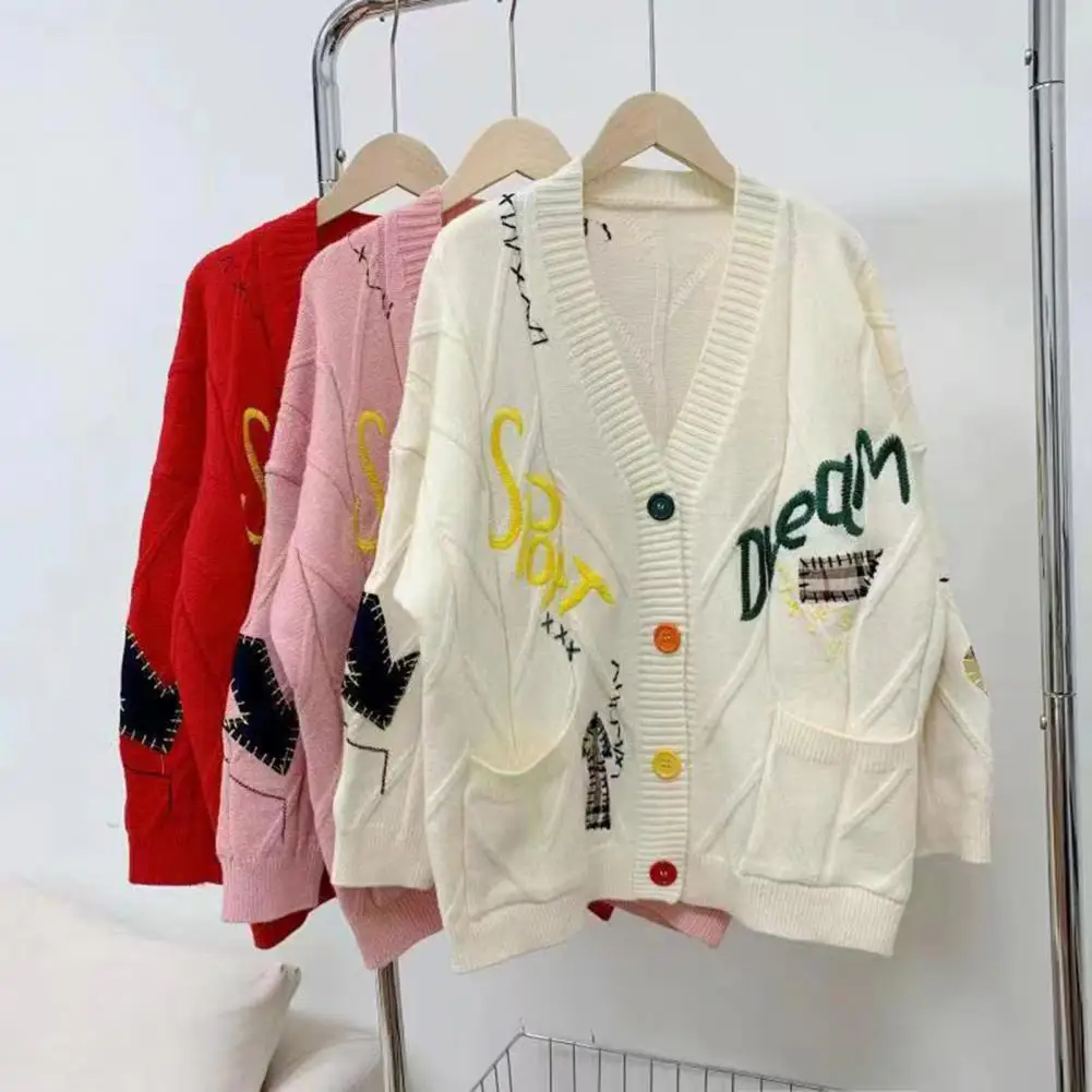 

Knitted Coat Ribbed Trim Warm Sweater Coat Fall Winter Women Single-breasted Letter Print Knit Cardigan Coat