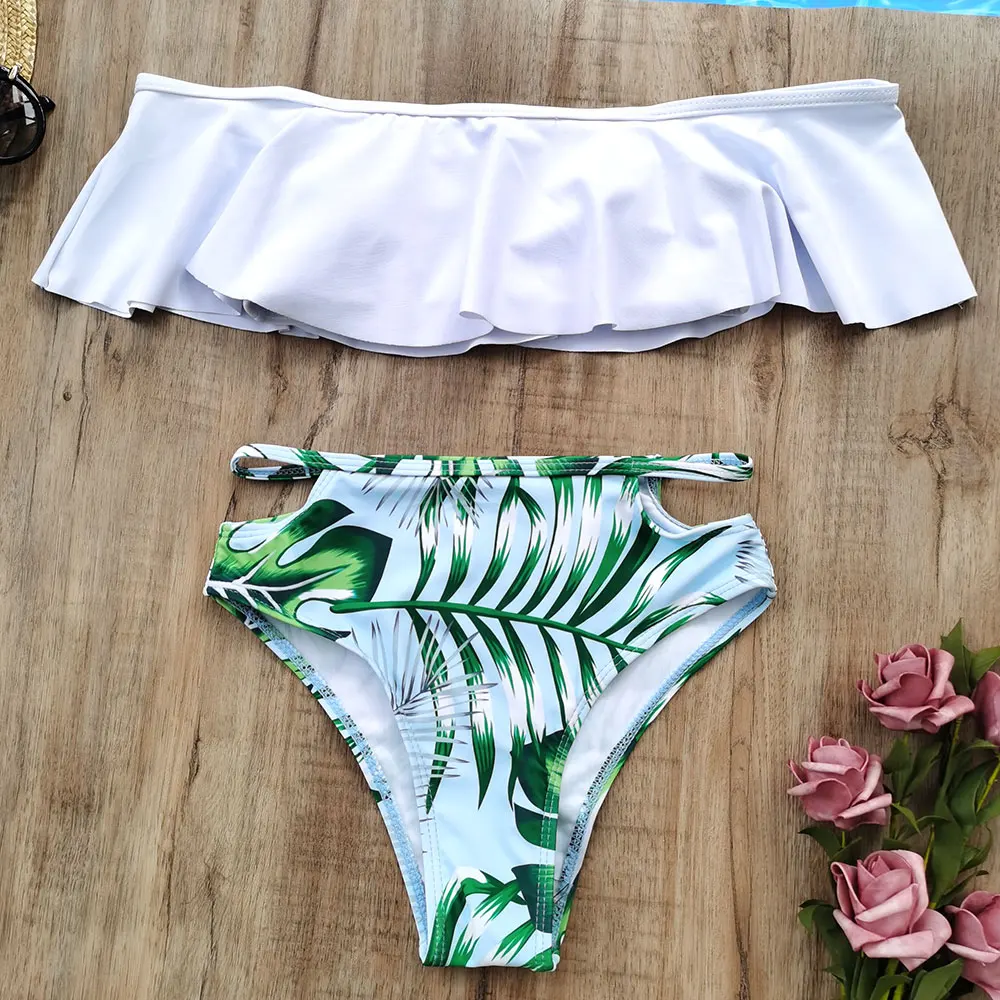 

Tropical Print Girl Swimsuit Kids Off Shoulder Bikini Set 7-14 Years Two Piece Children's Swimwear Cut Out Bathing Suit Biquini