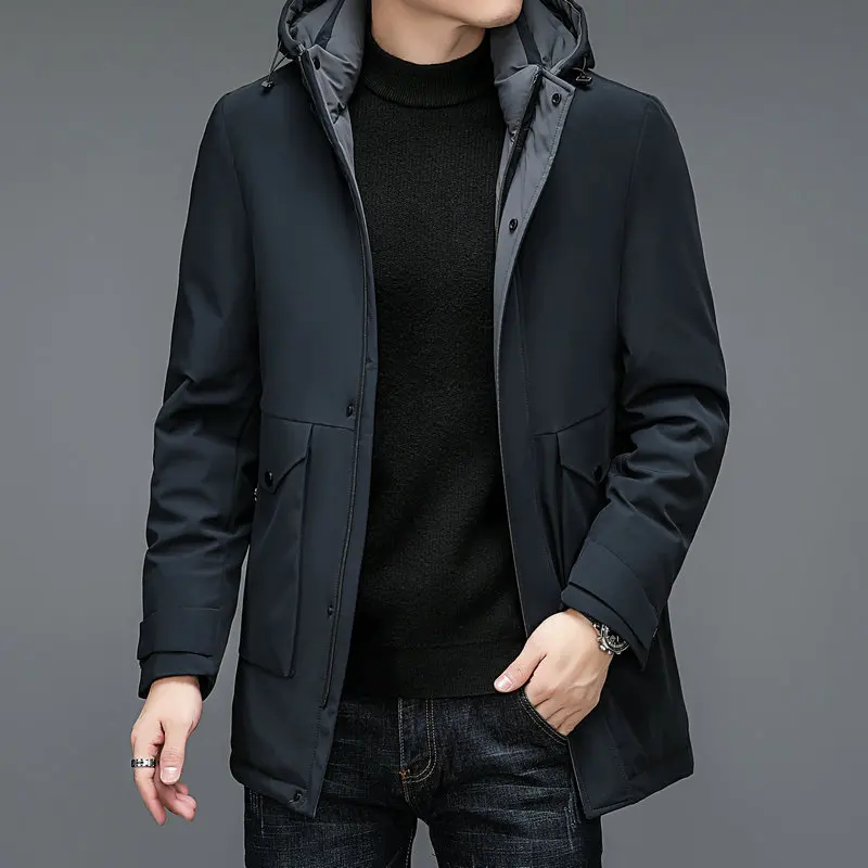 2022 Winter Men Basic Puffer Parkas Navy Blue Black Hooded Thicken Puff Coats Male Smart Casual Warm Thermal Overcoats Outerwear