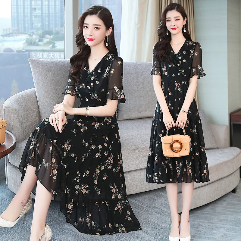 

Summer Women Black Chiffon Print Floral Dress Fairy Elegant Lady Midi Vintage Vacation Dress fairy 4XL Korean Runway Vestido