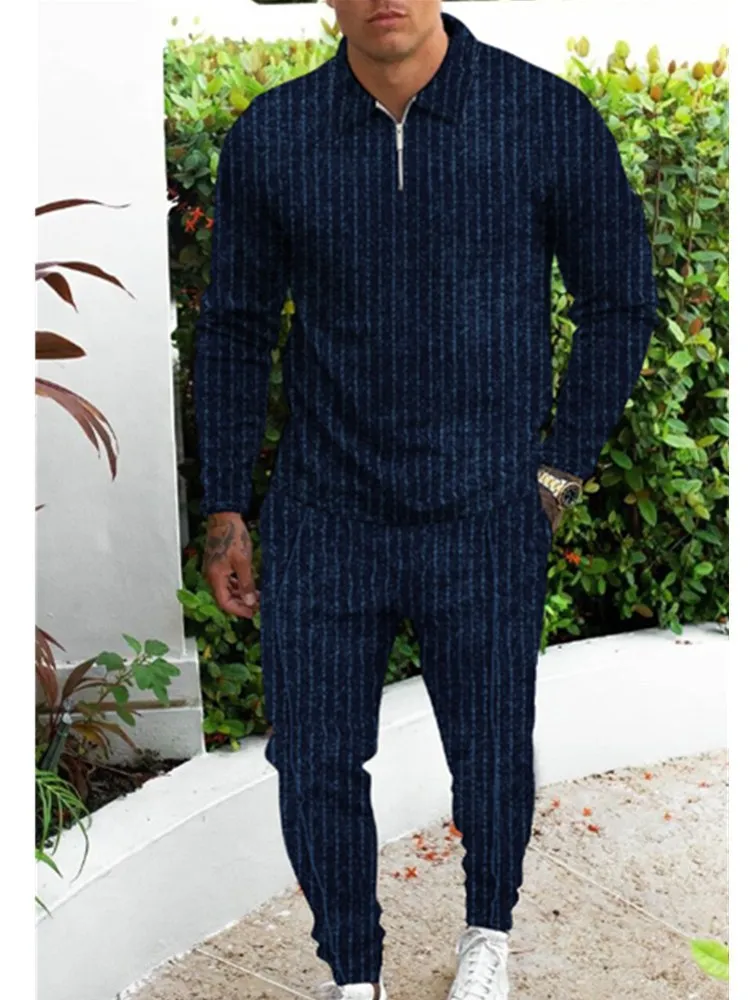 Spring and Autumn men's suit series solid color lapel long sleeve polo shirt + pants 2 pieces street pleated casual fashion suit