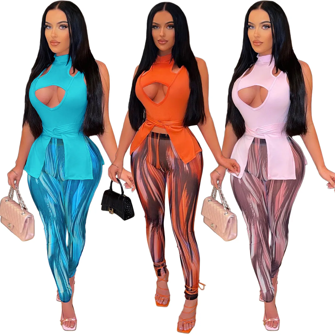 

2022 Summer Women Print Tracksuit Two Piece Set Hollow Out Shirt + Long Pants Skinny Sportsuit Clothes For Women Outfit
