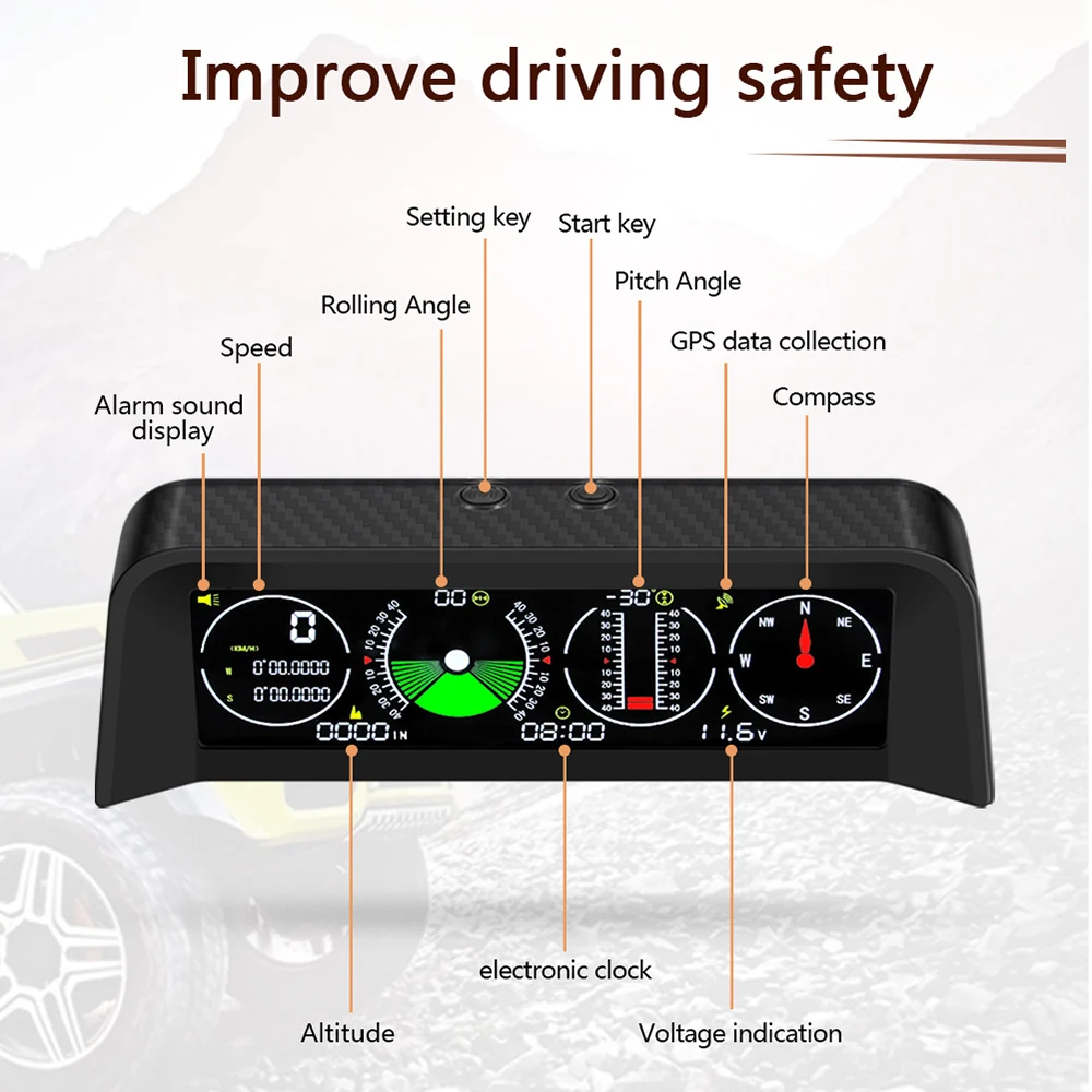 

X90 GPS Speed PMH KMH Smart Slope Meter Inclinometer Car Compass HUD Pitch Tilt Angle Protractor Clock Latitude Longitude 12V