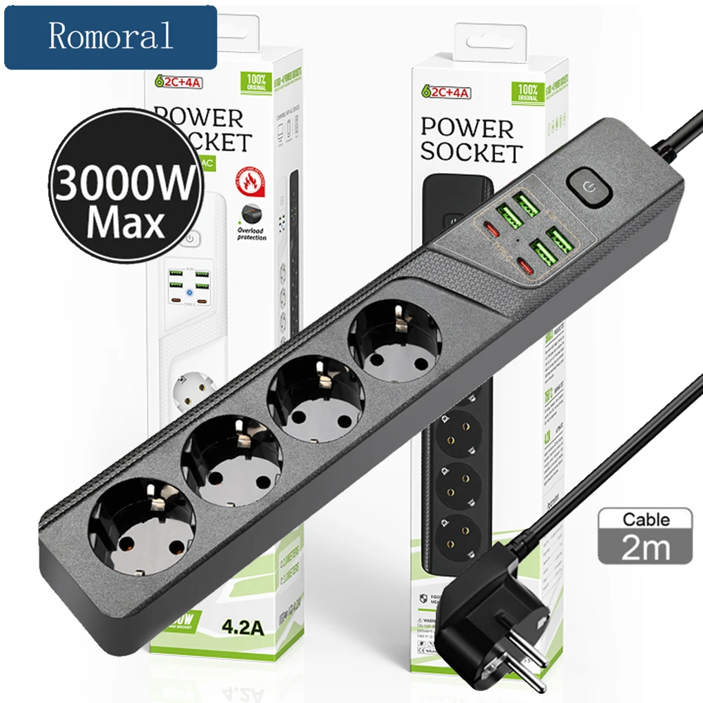 

Адаптер удлинителя Power Strip Euro Plug 2 м с 4 розетками и 6 USB-портами для зарядки Type-C для домашнего офиса, компьютера, телевизора, iPhone
