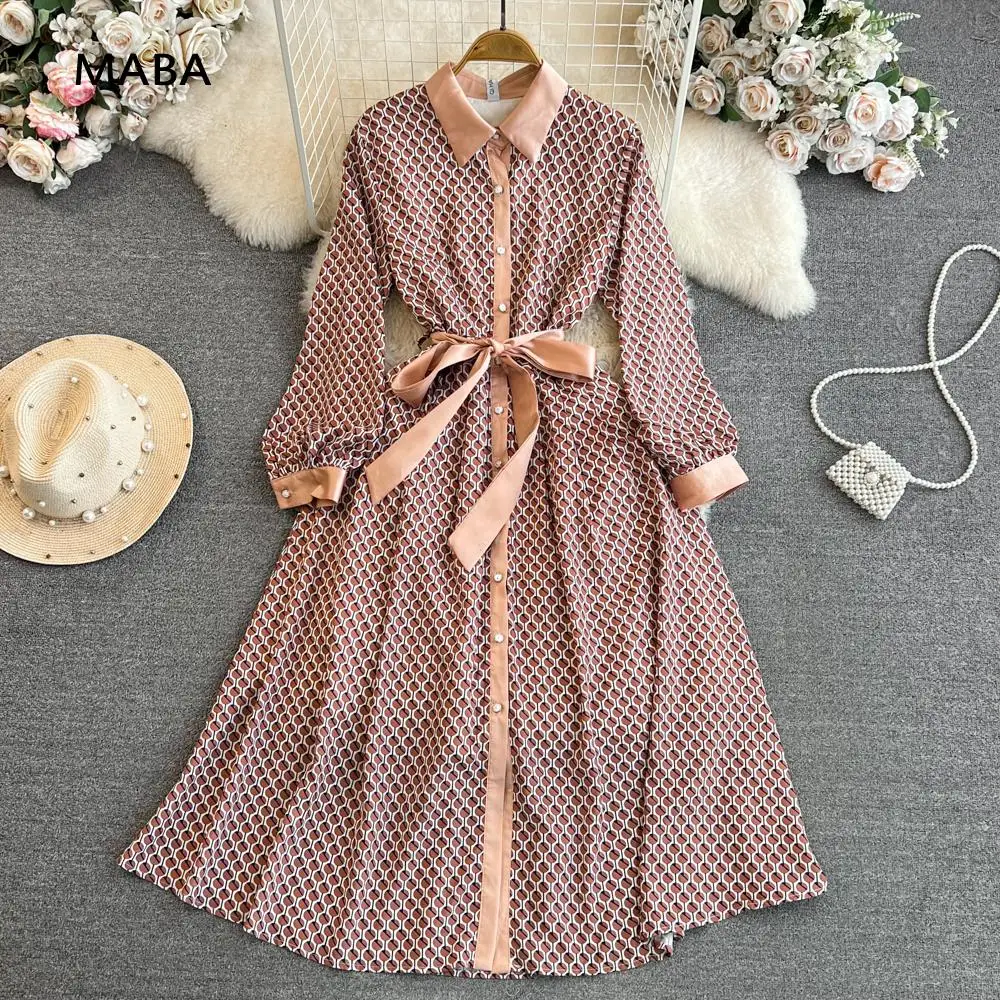 

Женское однобортное платье-рубашка, длинное облегающее платье контрастных цветов с длинным рукавом и воротником-поло в стиле ретро, осень 2023