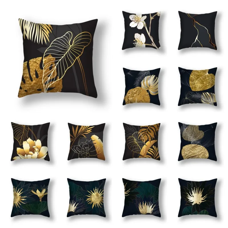 

45x45cm Black Ginkgo Biloba Polyester Cushion Cover Golden Leaves Waist Pillow Case Living Room Chair Sofa Home Decoration