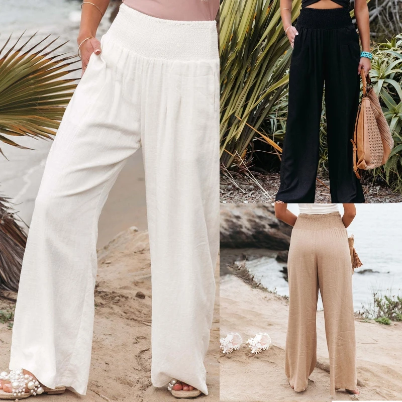 

573B Spring Summer Cotton Linen Smocked Waist Palazzo Pants with Pockets for Women