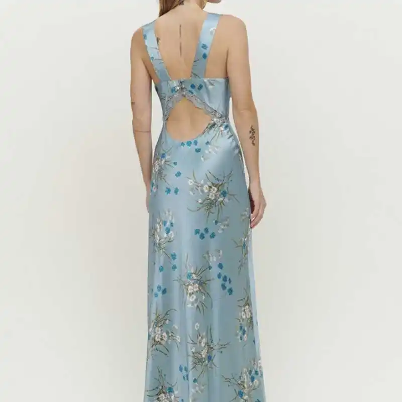 Women Dress 2023 Summer Sand Washed Silk Lace Stitching Backless Trailing Dress
