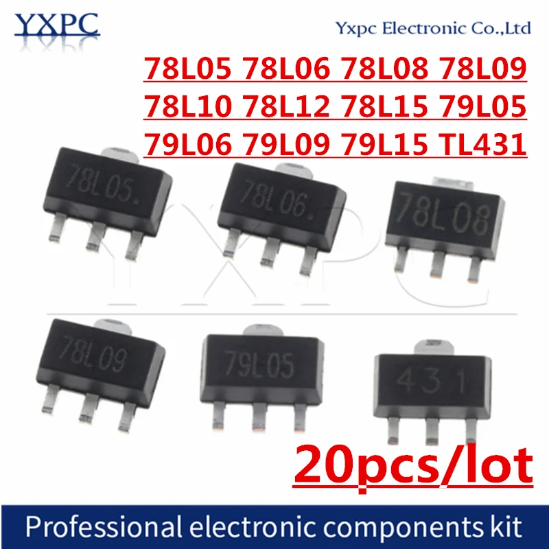 Три клеммных регулятора SMD 78L05 78L06 78L08 78L09 78L10 78L12 78L15 79L05 79L06 79L09 79L12 79L15 TL431 SOT89, 20 шт.