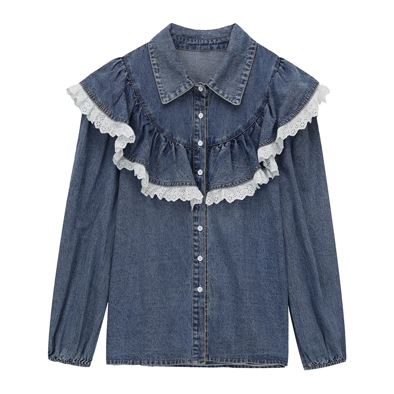 

SuperAen 2022 Весенняя кружевная джинсовая рубашка с отложным воротником, универсальная Милая женская блузка