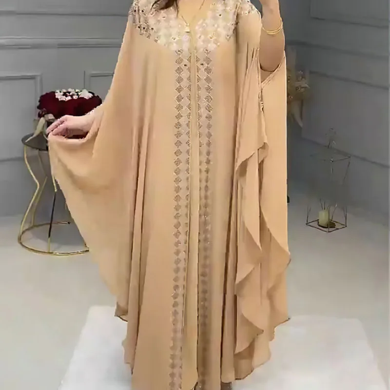 

Ramadan Muslim African Women Dress Robe Chiffon Heavy Iron Drill Saudi Arabia Kaftan 2 Piece Clothing Loose Bat Shirt Kimono