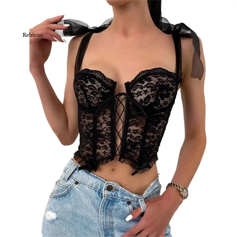 

Sexy Floral Lace See Through Camisole Corset Bustier Women Sleeveless V Neck Hollow Tie Up Crop Top Bandage Tank Top Streetwear