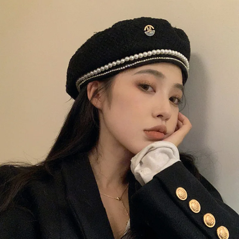 

202212-chui dropshopping spring plaid Classic tweed rhinestone Pearl chain 30 wool lady beret hat women Leisure painter hat
