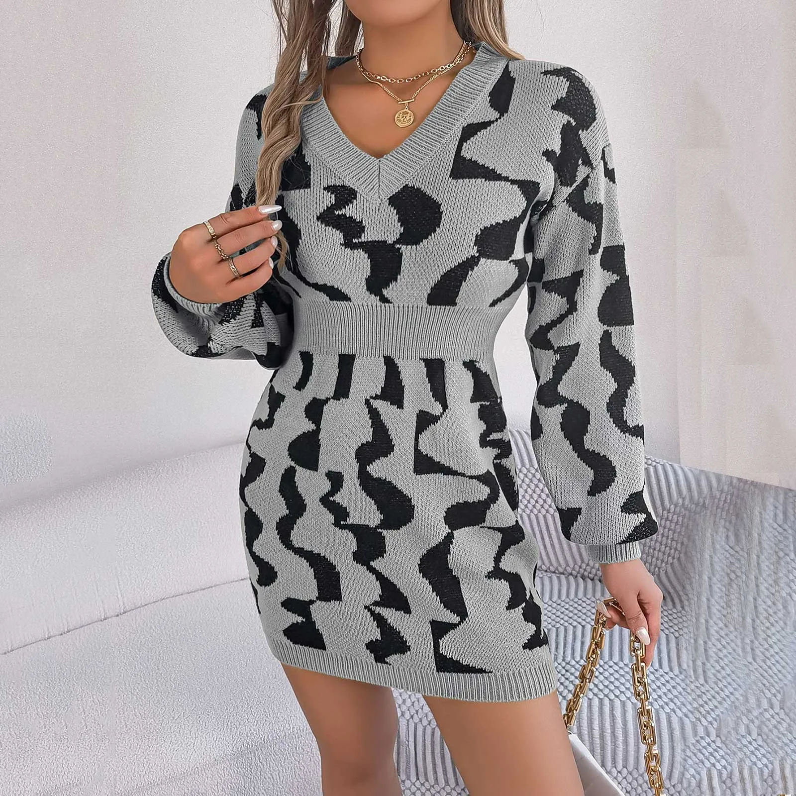 

Women's Sweater Dress Autumn High Waist Bodycon Casual Dresses Fashion Striped Elegant V Neck Straight Mini Dress For Women